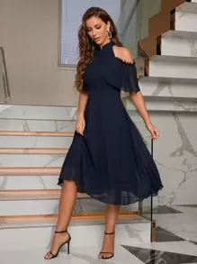 SHEIN Privé Cold Shoulder Frill Trim Chiffon Dress - Navy Blue - View 6