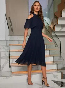 SHEIN Privé Cold Shoulder Frill Trim Chiffon Dress - Navy Blue - View 7