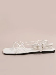 優雅戶外繫帶平底涼鞋適用於女士扭結裝飾交叉素色人造皮革夾腳平底涼鞋 - 白色 - 查看 3