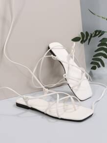 優雅戶外繫帶平底涼鞋適用於女士扭結裝飾交叉素色人造皮革夾腳平底涼鞋 - 白色 - 查看 5