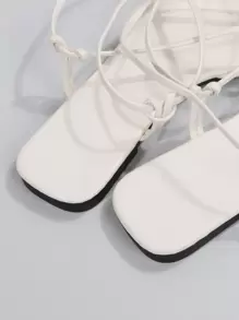 優雅戶外繫帶平底涼鞋適用於女士扭結裝飾交叉素色人造皮革夾腳平底涼鞋 - 白色 - 查看 7