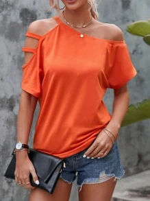 SHEIN LUNE Cut Out Asymmetrical Neck Dolman Sleeve Tee - Orange - View 2