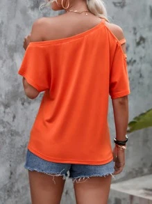 SHEIN LUNE Cut Out Asymmetrical Neck Dolman Sleeve Tee - Orange - View 3