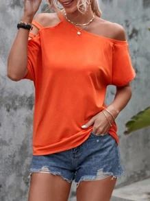 SHEIN LUNE Cut Out Asymmetrical Neck Dolman Sleeve Tee - Orange - View 5