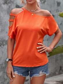 SHEIN LUNE Cut Out Asymmetrical Neck Dolman Sleeve Tee - Orange - View 4