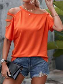 SHEIN LUNE Cut Out Asymmetrical Neck Dolman Sleeve Tee - Orange - View 6