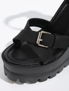 Zip Back Platform Chunky Heeled Ankle Strap Sandals - Black - View 3