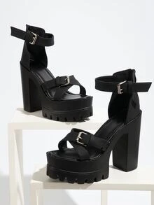 Zip Back Platform Chunky Heeled Ankle Strap Sandals - Black - View 5