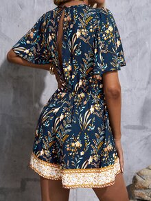 SHEIN Unity Floral Print Tie Front Cutout Romper - Multicolor - View 2