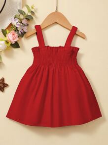 SHEIN Bébé Fille Robe À Fines Brides Froncé À Nœud Papillon - Rouge - Voir 2