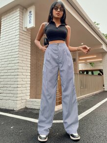 High Waist Striped Wide Leg Trousers - Black and White - View 4