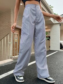 High Waist Striped Wide Leg Trousers - Black and White - View 5