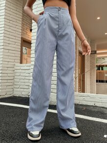 High Waist Striped Wide Leg Trousers - Black and White - View 6