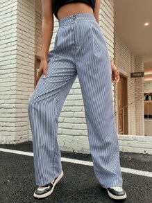 High Waist Striped Wide Leg Trousers - Black and White - View 1