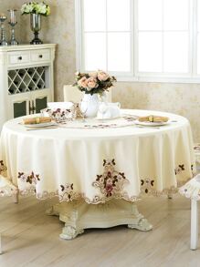 1pc Round Dining Table Cloth With European Rural Style Yellow Polyester Fabric & Multicolor Embroidery Hollow Out Lace Trim Decor For Round Table, Home Dining Decor