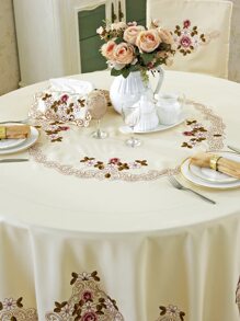1pc Round Dining Table Cloth With European Rural Style Yellow Polyester Fabric & Multicolor Embroidery Hollow Out Lace Trim Decor For Round Table, Home Dining Decor