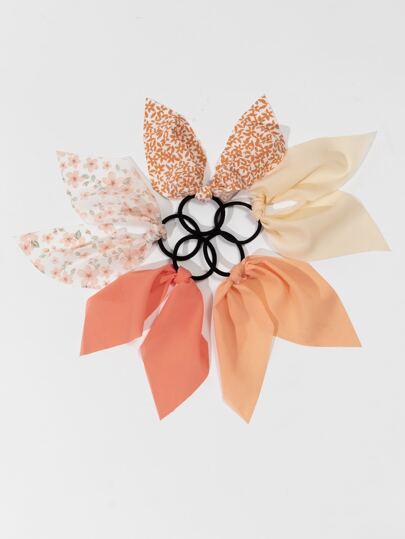 5pcs Women's Minimalist Elegant Orange Floral Print Ribbon Hair Scrunchies, Suitable For Daily, Spring/Summer, Beach Vacation Outfits