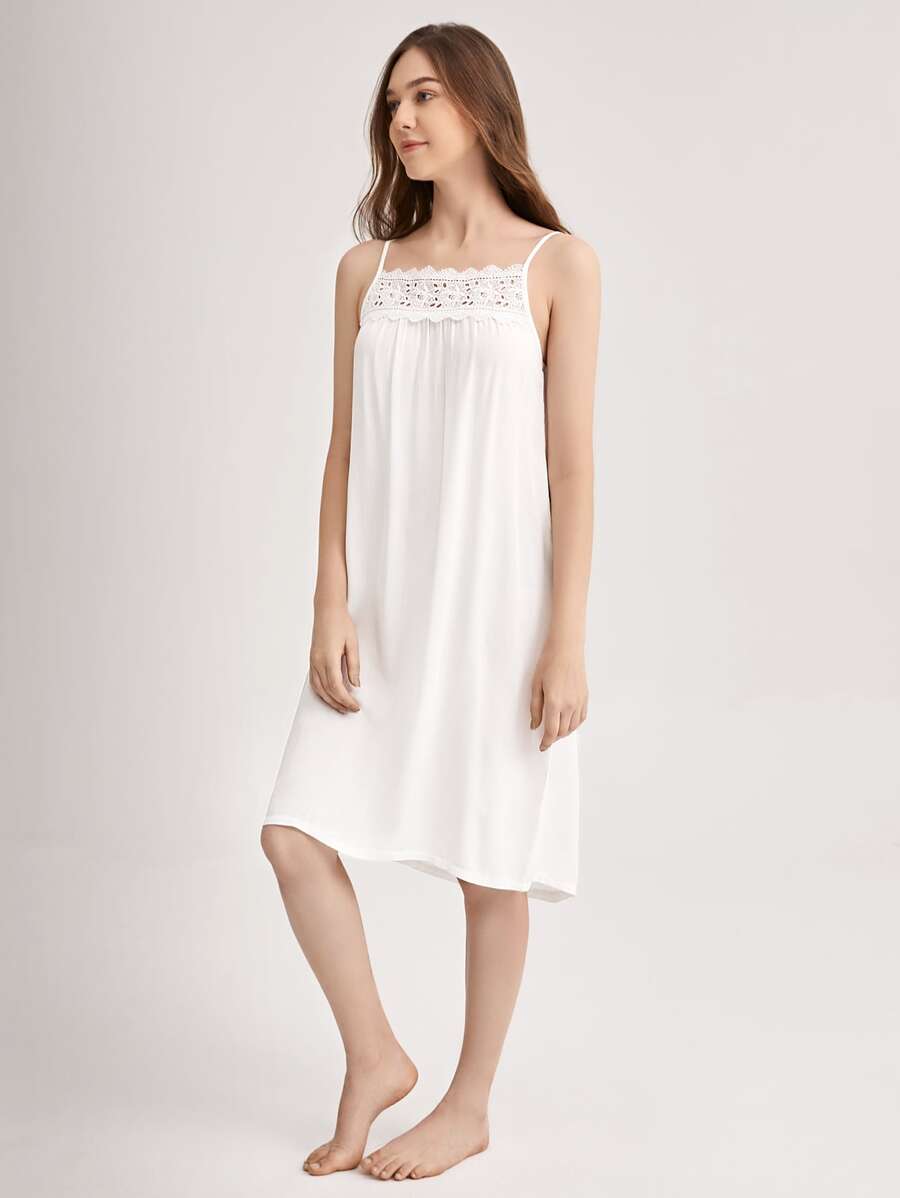Contrast Lace Cami Pajama Nightdress Nightgown - White - View 1