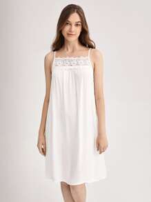 Contrast Lace Cami Pajama Nightdress Nightgown - White - View 4