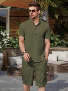 Manfinity Homme 男士半排扣襯衫和腰部抽繩短褲 - 軍綠色 - 查看 4