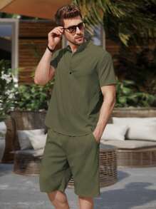 Manfinity Homme 男士半排扣襯衫和腰部抽繩短褲 - 軍綠色 - 查看 5