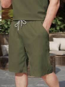Manfinity Homme 男士半排扣襯衫和腰部抽繩短褲 - 軍綠色 - 查看 6
