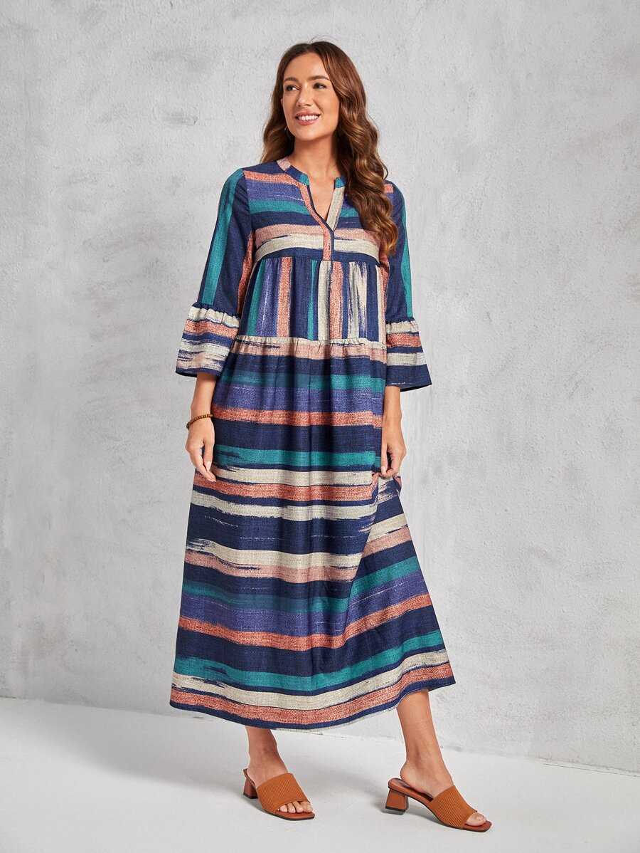 EMERY ROSE Striped Notched Neckline Flounce Sleeve Smock Dress - Multicolor - View 1