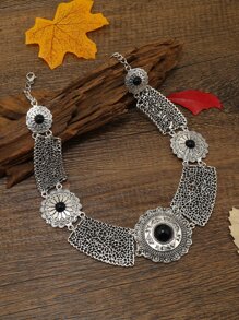 Collar con textura de metal con diseño de flor - Negro - Ver 4