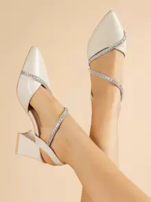 Rhinestone Decor Point Toe Chunky Heeled Slingback Pumps, Women's Fashionable Pumps With Diamond Decor And Ankle Strap, Beige - Beige - View 1
