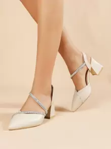Rhinestone Decor Point Toe Chunky Heeled Slingback Pumps, Women's Fashionable Pumps With Diamond Decor And Ankle Strap, Beige - Beige - View 2