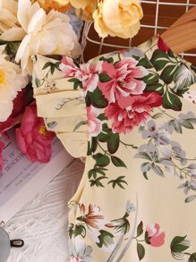 SHEIN 青少年女孩印花蝴蝶袖百褶下擺繫腰帶洋裝