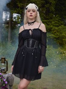 ROMWE Goth Solid Tie Front Frill Cold Shoulder Dress Without Corset Belt - Black - View 1