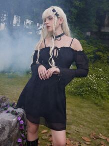 ROMWE Goth Solid Tie Front Frill Cold Shoulder Dress Without Corset Belt - Black - View 3