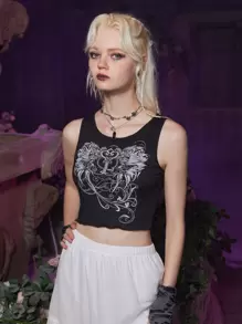 ROMWE Goth Top tank ala con estampado con diamante de imitación ribete en forma de lechuga de canalé - Negro - Ver 1