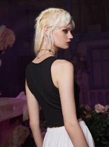 ROMWE Goth Top tank ala con estampado con diamante de imitación ribete en forma de lechuga de canalé - Negro - Ver 2