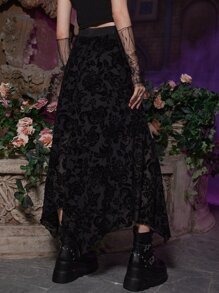 ROMWE Goth Floral Pattern Mesh Skirt - Black - View 2