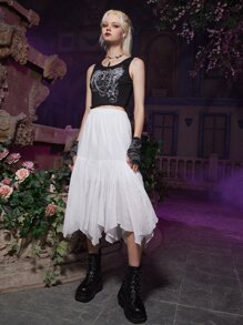 ROMWE Goth Top tank ala con estampado con diamante de imitación ribete en forma de lechuga de canalé - Negro - Ver 3