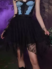 ROMWE Goth Contrast Lace Asymmetrical Hem Skirt - Black - View 1