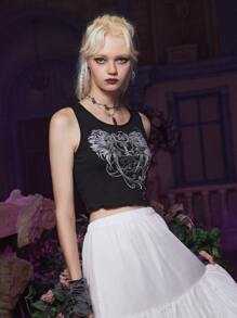 ROMWE Goth Top tank ala con estampado con diamante de imitación ribete en forma de lechuga de canalé - Negro - Ver 4