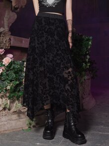 ROMWE Goth Floral Pattern Mesh Skirt - Black - View 3