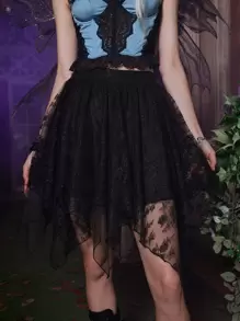 ROMWE Goth Contrast Lace Asymmetrical Hem Skirt - Black - View 3