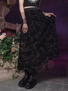 ROMWE Goth Floral Pattern Mesh Skirt - Black - View 4