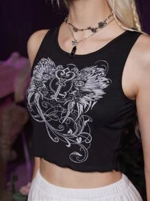 ROMWE Goth Top tank ala con estampado con diamante de imitación ribete en forma de lechuga de canalé - Negro - Ver 6