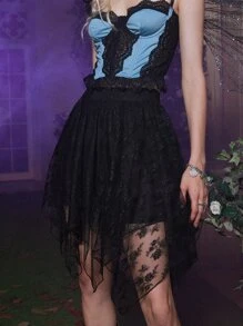 ROMWE Goth Contrast Lace Asymmetrical Hem Skirt - Black - View 5