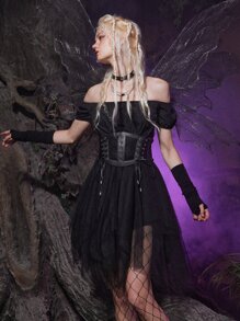 ROMWE Goth Off The Shoulder Contrast Mesh Dress Without Corset Belt - Black - View 1