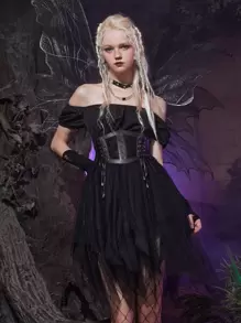 ROMWE Goth Off The Shoulder Contrast Mesh Dress Without Corset Belt - Black - View 3