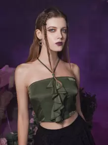 ROMWE Goth 素色荷葉邊掛脖上衣 - 軍綠色 - 查看 1