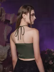 ROMWE Goth 素色荷葉邊掛脖上衣 - 軍綠色 - 查看 2