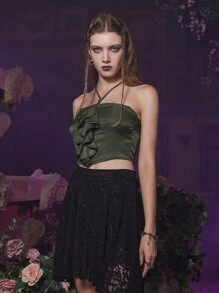 ROMWE Goth 素色荷葉邊掛脖上衣 - 軍綠色 - 查看 3