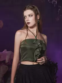 ROMWE Goth 素色荷葉邊掛脖上衣 - 軍綠色 - 查看 4